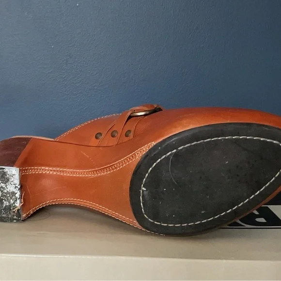 Frye Cognac Leather Mule Clogs Size 8.5 | Harness Ring Detail Chunky Heel - Picture 6 of 7